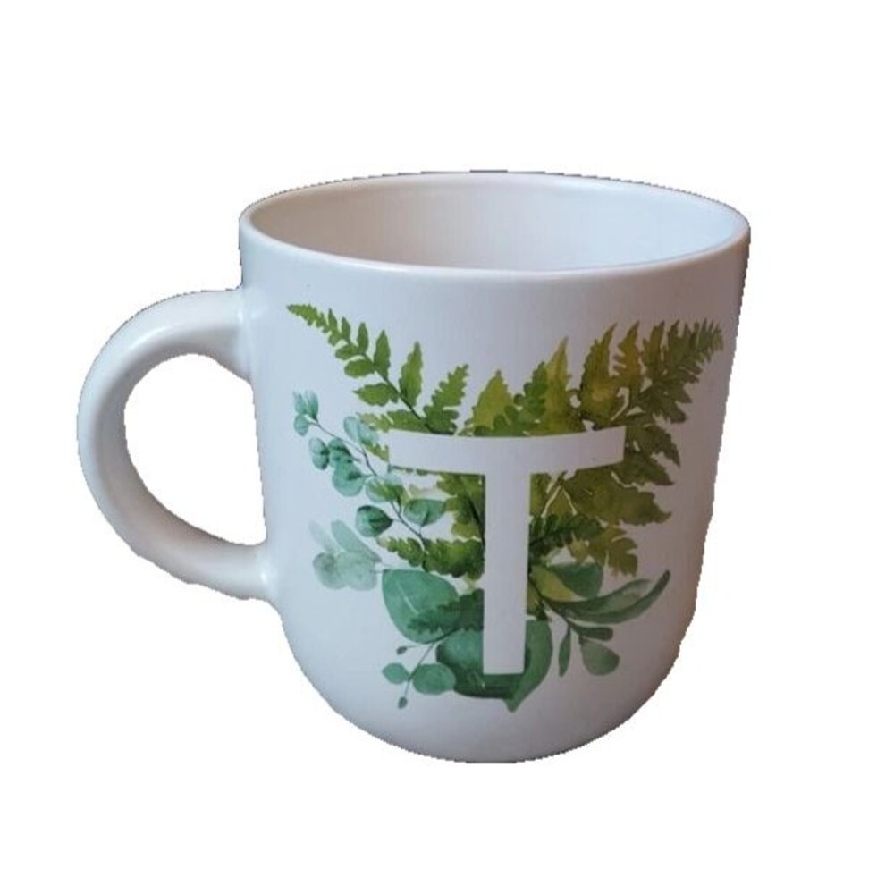Bee And Willow Home Mug Initial T Greenery White Background Coffee Tea Cup